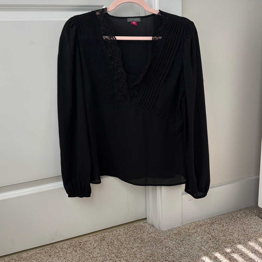 Vince Camuto Black Puff Sleeve Blouse with Pleated Ruffles